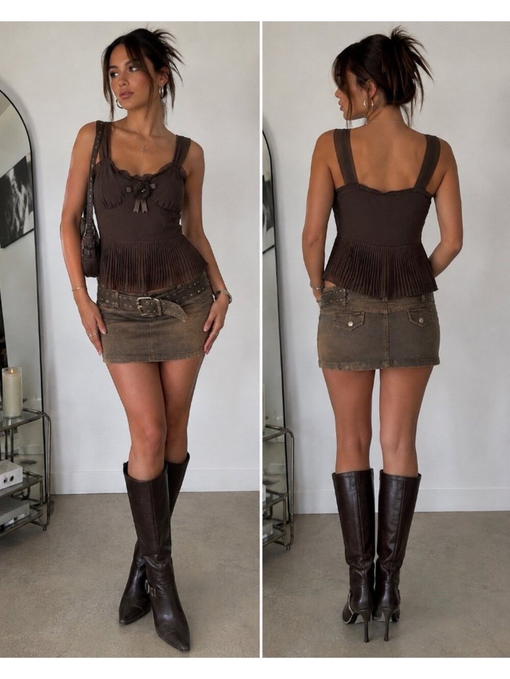 Liz Claiborne Dressy Y2K Brown Top Size 10 Chiffon Pleated Rosette Bow Coquette‎